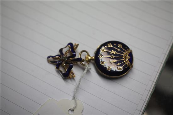 An early 20th century Swiss 18kt gold, blue enamel and rose cut diamond set dress fob watch,